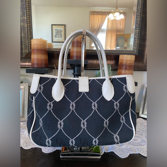 Dooney & Bourke Nautical Dark Navy Blue & Wht Satchel, Leather,Canvas, Medium - Picture 5 of 15